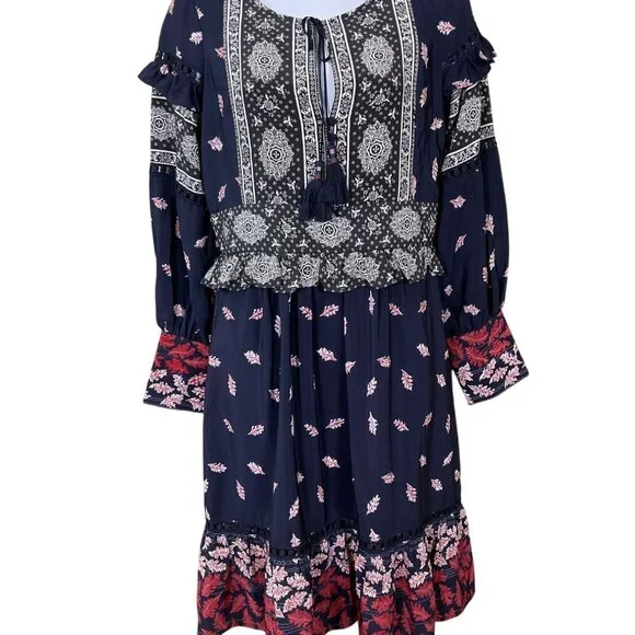 Sea New York Eloise Boho Fall Leaves Long Sleeve Tassel Tie Silk Midi Dress 2 - Picture 1 of 12